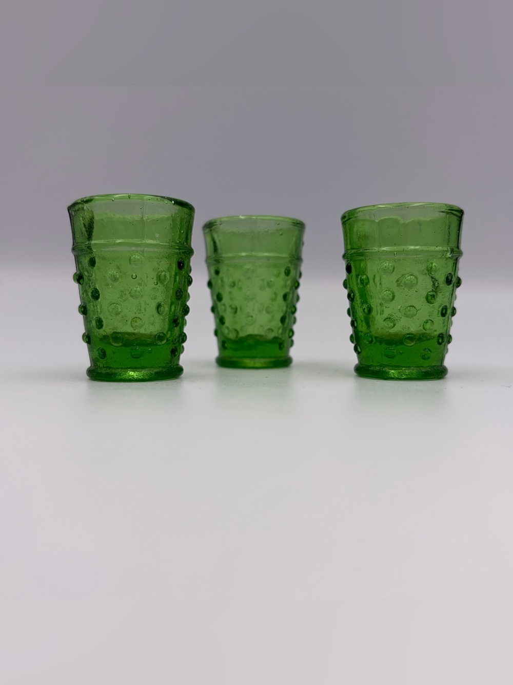 Vintage Green Hobnail Toothpick Holder Shot Cordial Mini 3 Glasses Lot